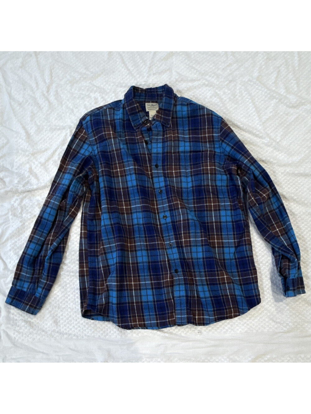 L.L.Bean Men's Traditional Fit Blue Brown Plaid Flannel Cotton Button-Up L